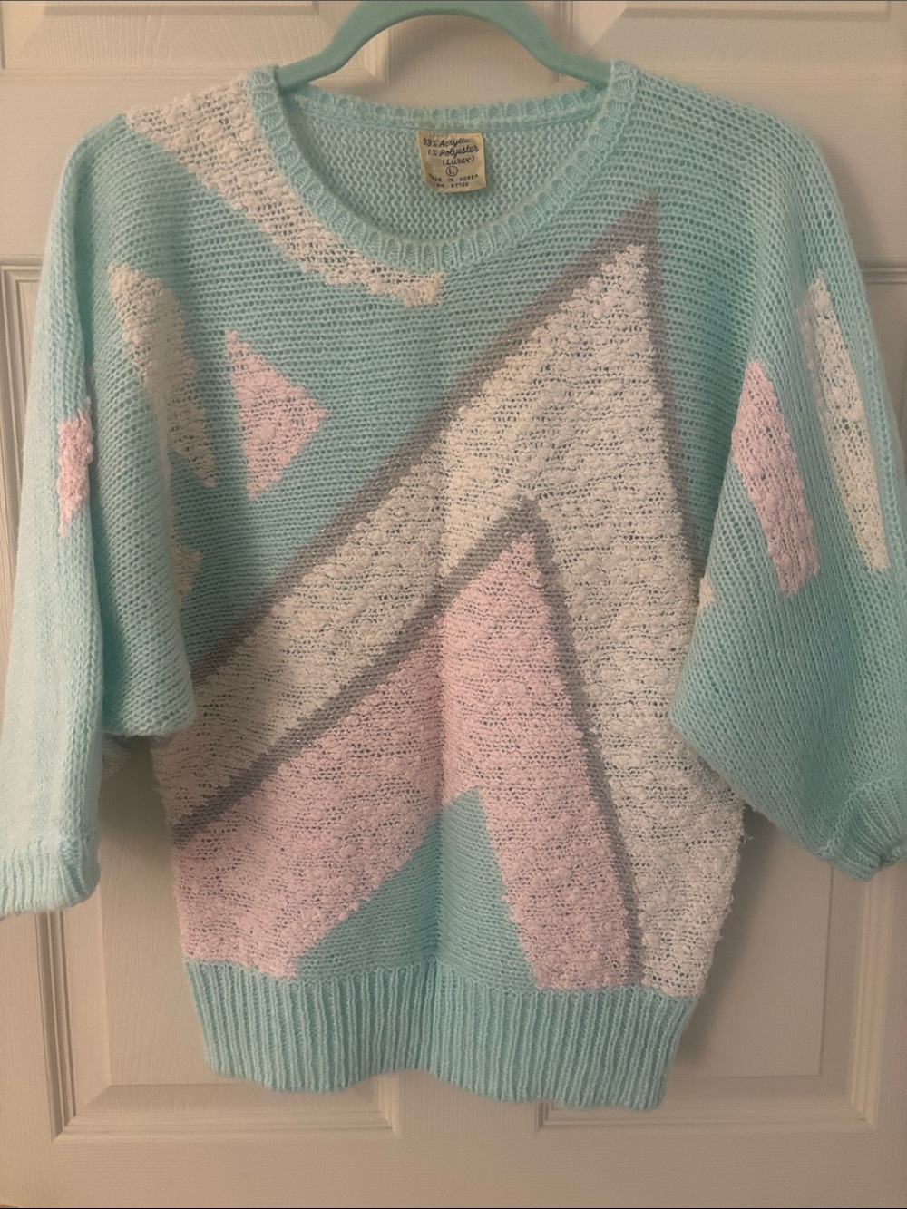 Vintage 80s Pastel Mint & Pink Geometric Knit Sweater - Unbranded